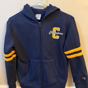 Champion Kids Hoodie in Navy with Yellow Stripes